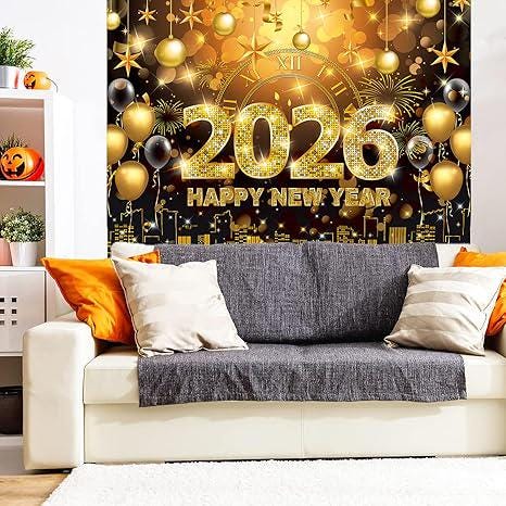 Black and Gold 2026 Happy New Year Banner Backdrop 7x5ft Party Decor