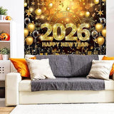 Black and Gold 2026 Happy New Year Banner Backdrop 7x5ft Party Decor