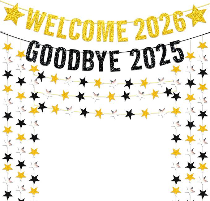 Black and Gold Glitter New Year Banner with Star Garland for 2026 Party Decor