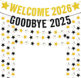 Black and Gold Glitter New Year Banner with Star Garland for 2026 Party Decor