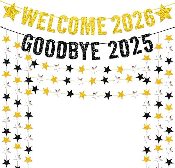 Black and Gold Glitter New Year Banner with Star Garland for 2026 Party Decor