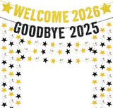 Black and Gold Glitter New Year Banner with Star Garland for 2026 Party Decor