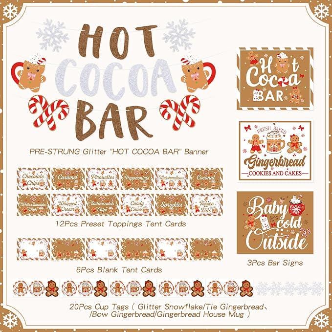 Gingerbread Man Hot Cocoa Bar Kit with Banner, Labels & Cup Stickers Christmas Party Decor