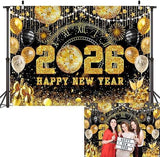 Black and Gold 2026 Happy New Year Backdrop 7x5ft Party Photo Banner