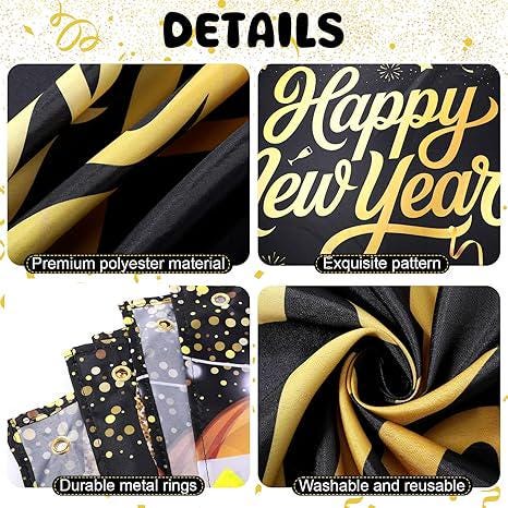 Happy New Year 2026 Black Gold Glitter Banner Backdrop 6x3.6ft Party Decor