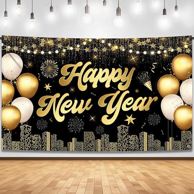 Extra Large Happy New Year 2026 Banner 72x44 Inch Party Backdrop Decor