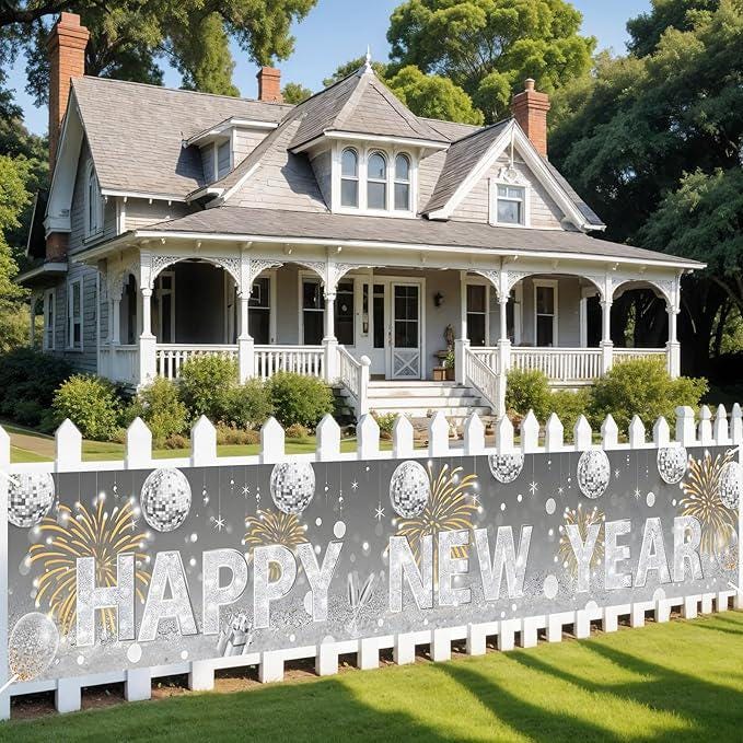 Large Silver Glitter Happy New Year 2026 Banner Backdrop 9.8x1.6ft Party Decor