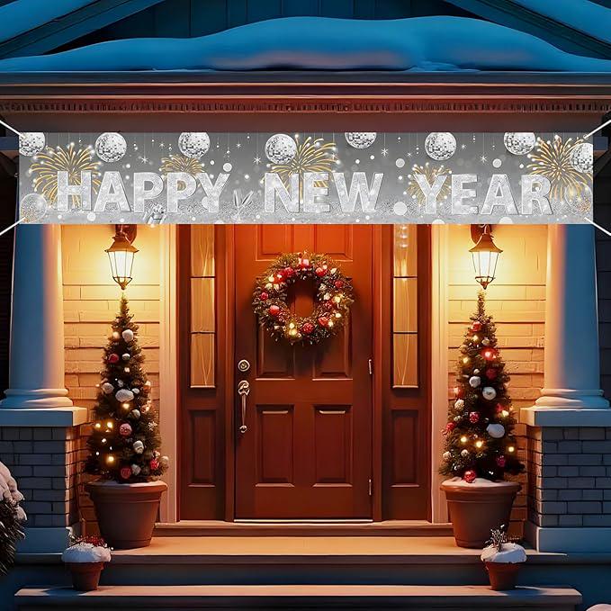 Large Silver Glitter Happy New Year 2026 Banner Backdrop 9.8x1.6ft Party Decor