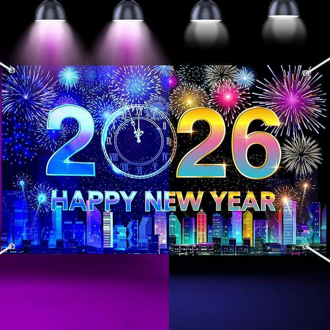 Neon Happy New Year 2026 Glow Banner 71x43 Inch Party Backdrop Decor