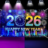 Neon Happy New Year 2026 Glow Banner 71x43 Inch Party Backdrop Decor