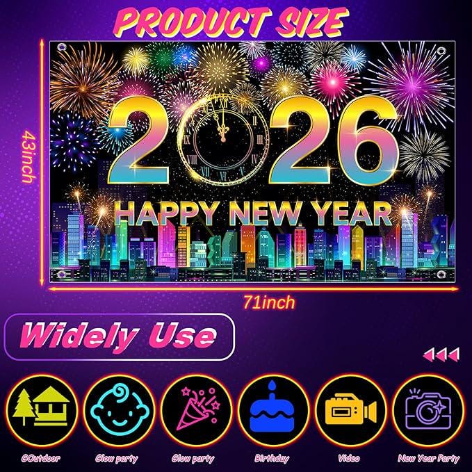 Neon Happy New Year 2026 Glow Banner 71x43 Inch Party Backdrop Decor