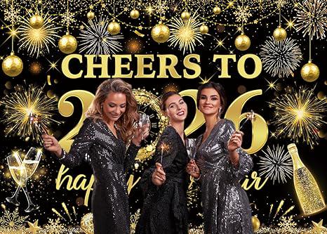 Cheers to 2026 Happy New Year Black Gold Backdrop 7x5ft Party Banner