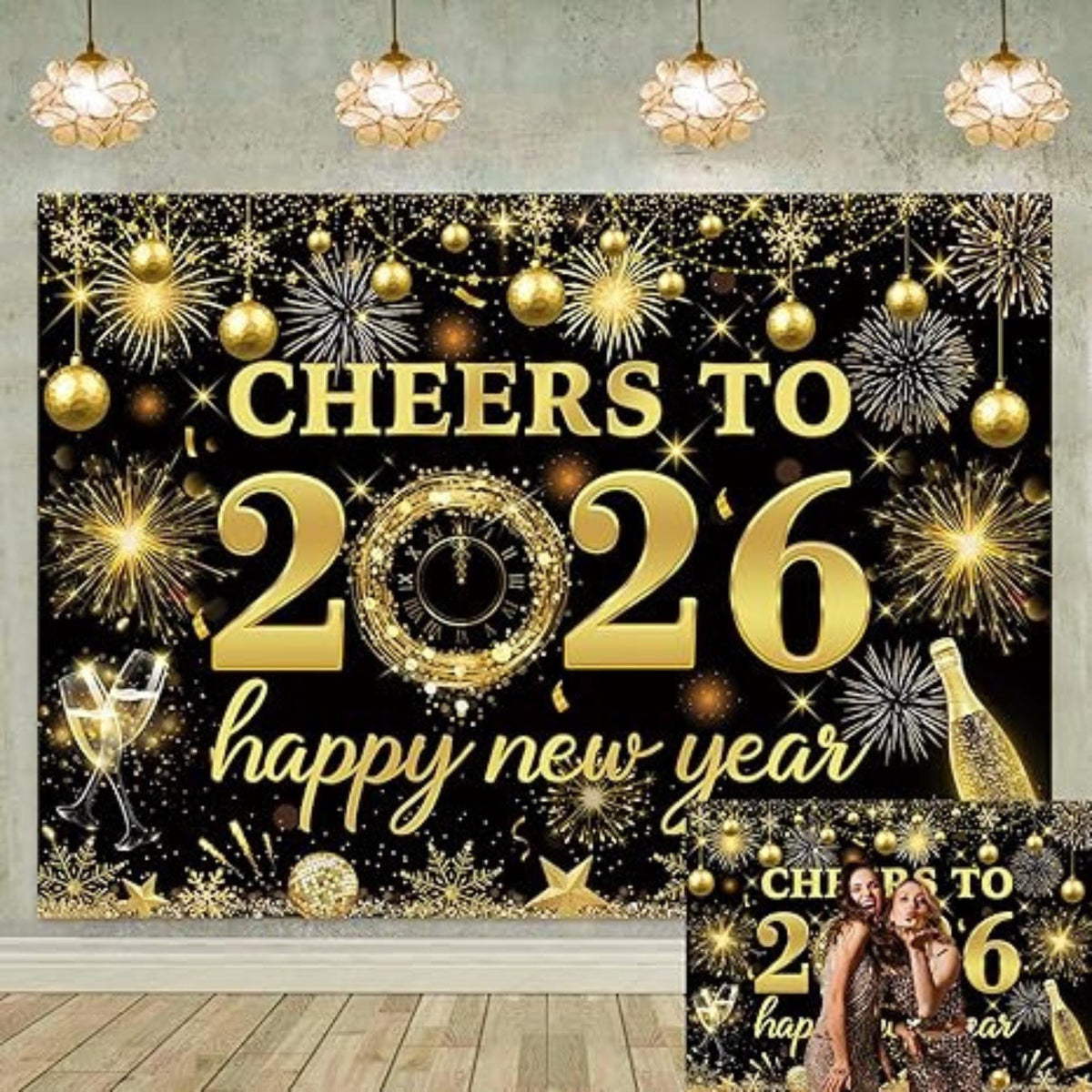 Cheers to 2026 Happy New Year Black Gold Backdrop 7x5ft Party Banner