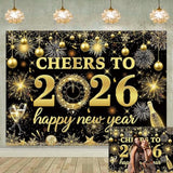 Cheers to 2026 Happy New Year Black Gold Backdrop 7x5ft Party Banner