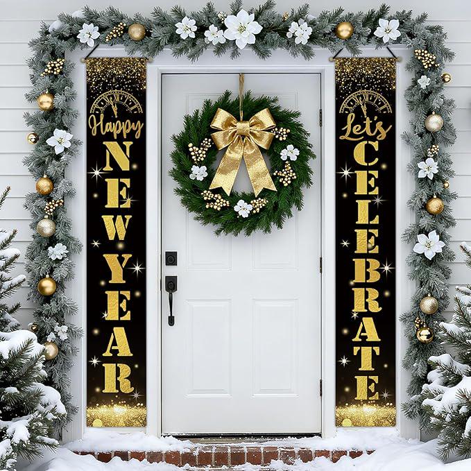 Happy New Year 2026 Porch Banner Black Gold Glitter Clock Front Door Decor