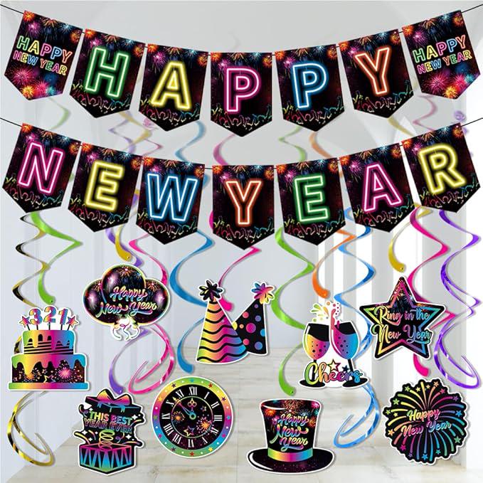Neon Themed Happy New Year 2026 Banner Hanging Swirls Party Decor