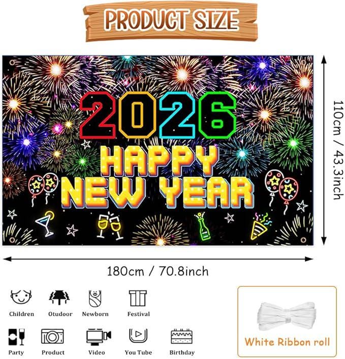 Happy New Year 2026 Neon Banner 70.8x43.3 Colorful Fireworks Party Backdrop