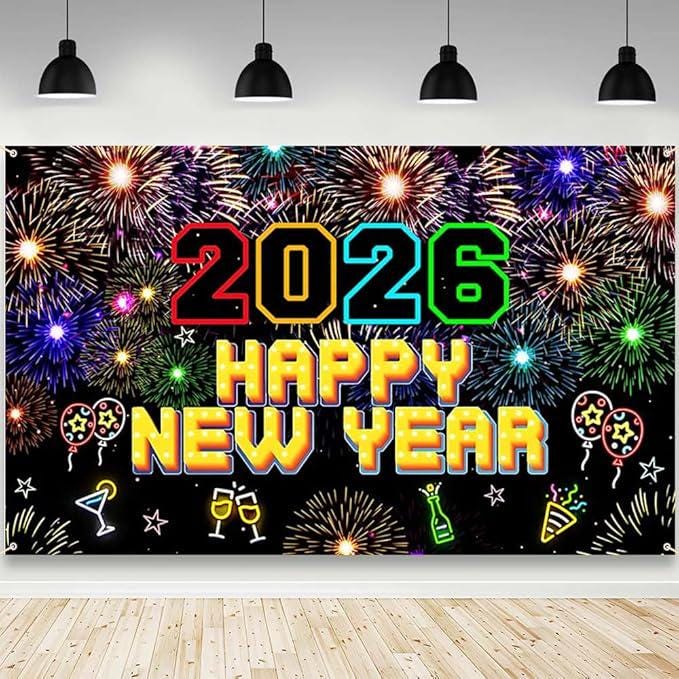 Happy New Year 2026 Neon Banner 70.8x43.3 Colorful Fireworks Party Backdrop