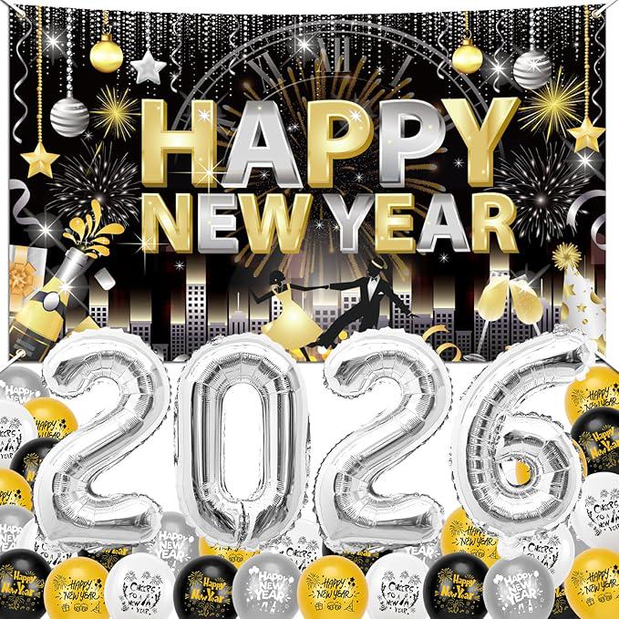 Extra Large Happy New Year 2026 Banner Silver Balloons NYE Party Backdrop