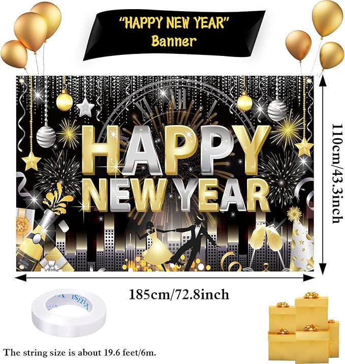 Extra Large Happy New Year 2026 Banner Silver Balloons NYE Party Backdrop