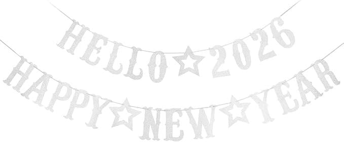 Silver Hello 2026 Happy New Year Banner Party Decor and Eve Supplies