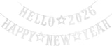 Silver Hello 2026 Happy New Year Banner Party Decor and Eve Supplies