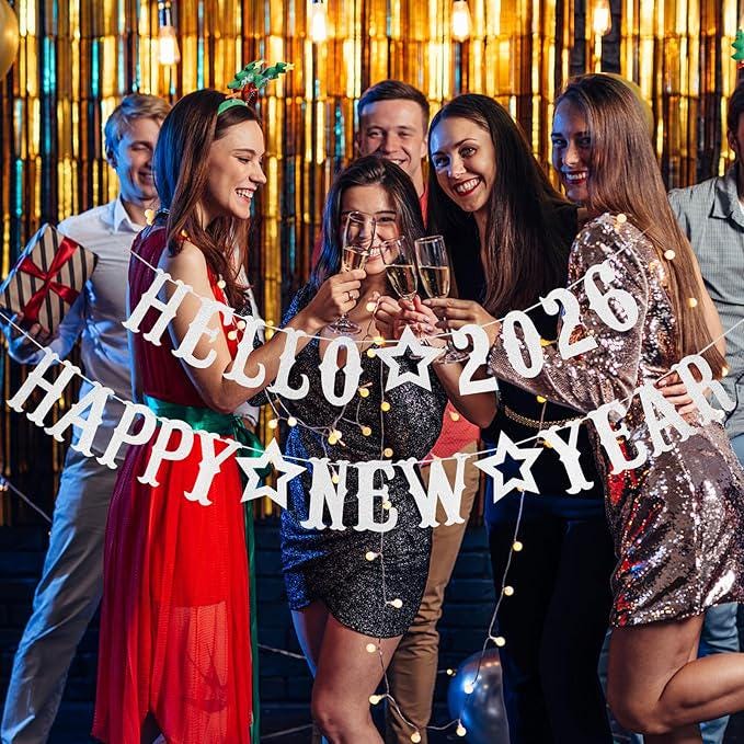Silver Hello 2026 Happy New Year Banner Party Decor and Eve Supplies