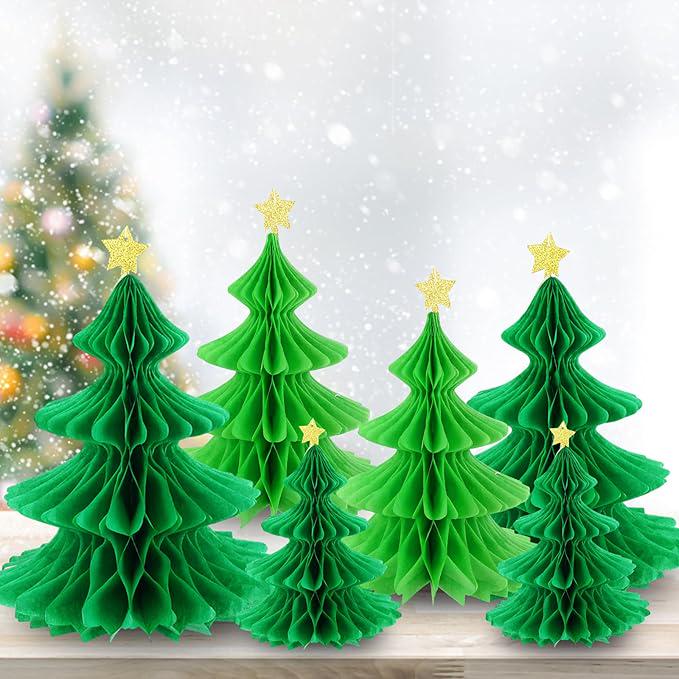 6PCS 3D Green Christmas Honeycomb Paper Trees Table Centerpiece Hanging Decor