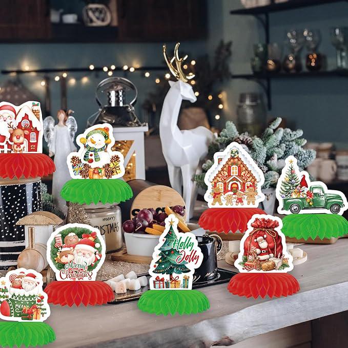 8PCS Christmas Honeycomb Table Centerpieces 3D Santa Snowman Tree Party Decor