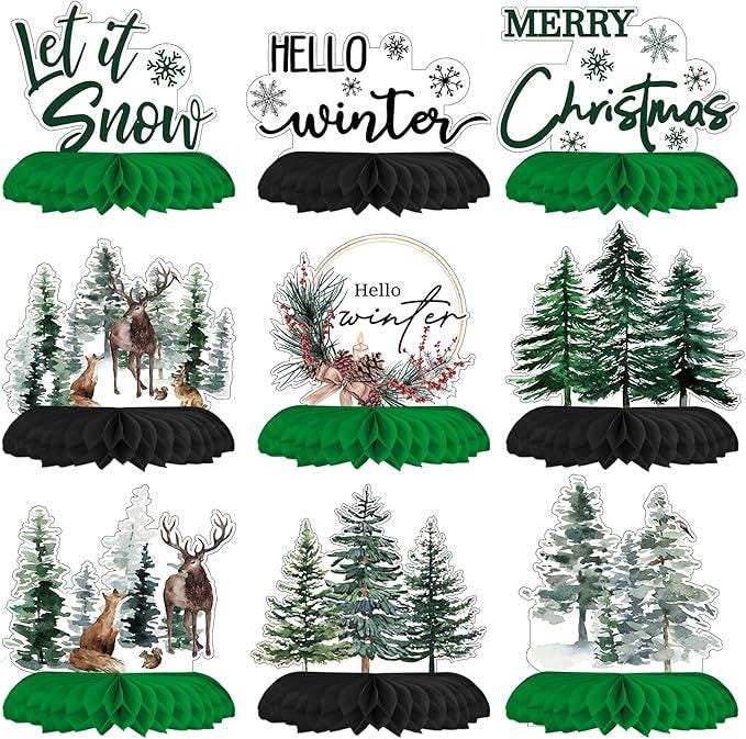 Horaldaily 9PCS Christmas Honeycomb Centerpieces Trees Deer Squirrel Rabbit Xmas Decor