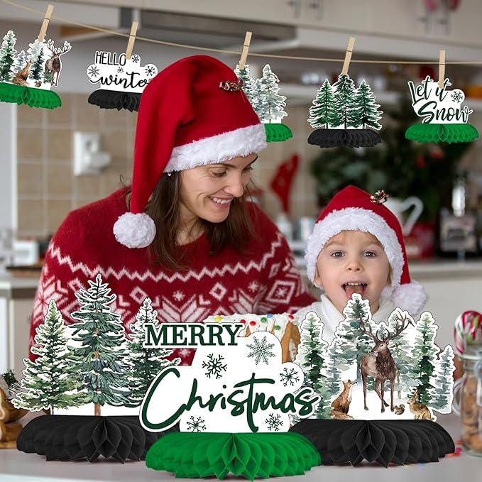 Horaldaily 9PCS Christmas Honeycomb Centerpieces Trees Deer Squirrel Rabbit Xmas Decor