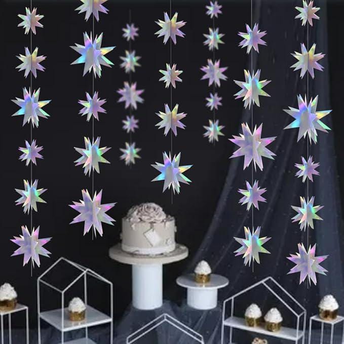 3D Iridescent Star Garland Hanging Twinkle Star Streamer Decorations Birthday Wedding Baby Shower