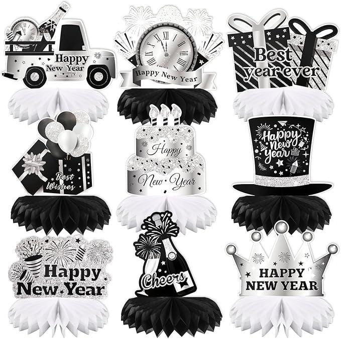 9 Pcs Happy New Year 2026 Black Silver Glitter Honeycomb Table Centerpieces