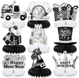 9 Pcs Happy New Year 2026 Black Silver Glitter Honeycomb Table Centerpieces