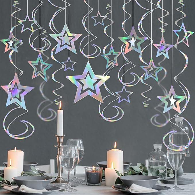 Iridescent Hollow Star Garland with Swirl Decorations for Birthday Wedding Eid Decor