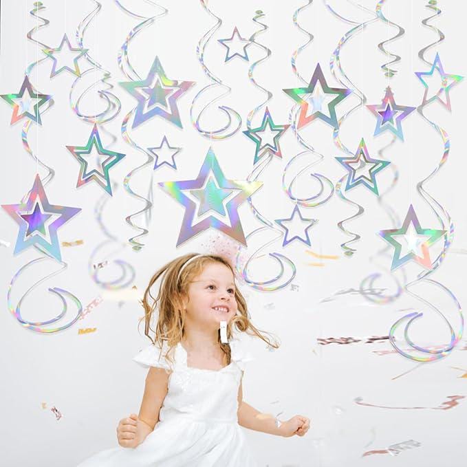 Iridescent Hollow Star Garland with Swirl Decorations for Birthday Wedding Eid Decor