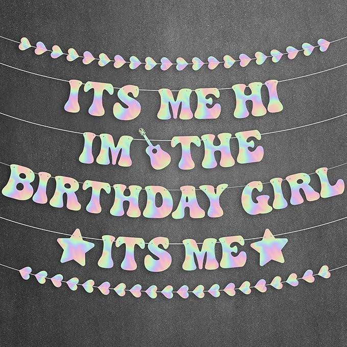 Iridescent Birthday Girl Banner and Heart Garland Set for Women Party Decorations