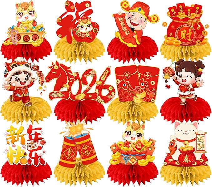 2026 Chinese New Year Red Honeycomb Centerpieces 12pcs Lunar Festival Table Decor