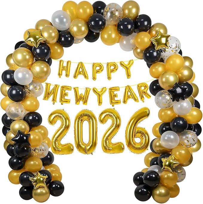 2026 New Year's Eve Balloon Arch Kit: Gold & Black Party Decorations
