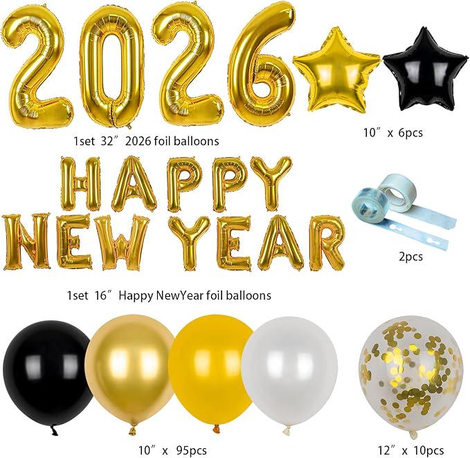 2026 New Year's Eve Balloon Arch Kit: Gold & Black Party Decorations