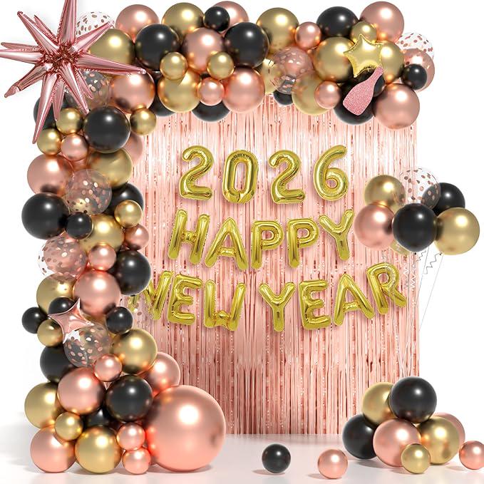 New Year 2026 Balloon Garland Arch Kit Rose Gold Black and Gold Balloons