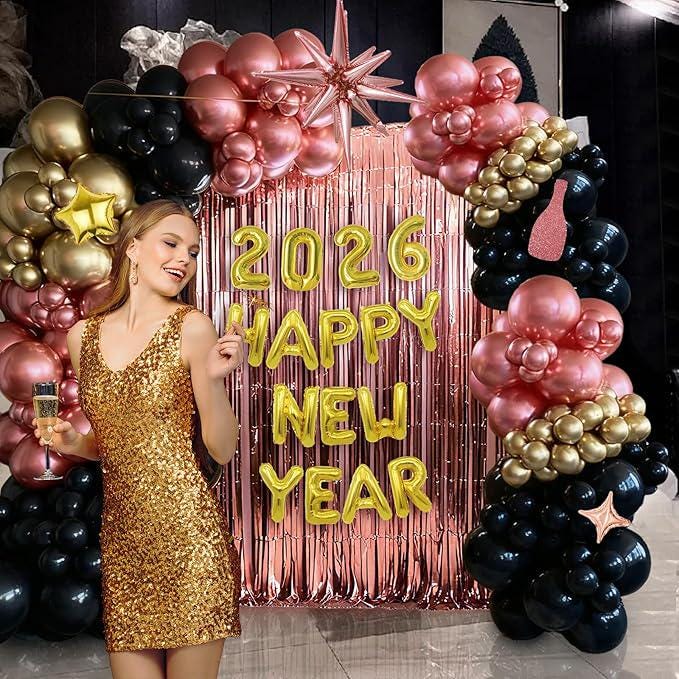 New Year 2026 Balloon Garland Arch Kit Rose Gold Black and Gold Balloons