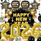 New Year 2026 Party Supplies Set 70 Pack Gold Black Banner and Number Balloons