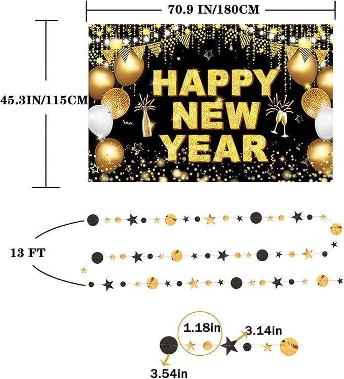 New Year 2026 Party Supplies Set 70 Pack Gold Black Banner and Number Balloons