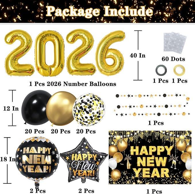 New Year 2026 Party Supplies Set 70 Pack Gold Black Banner and Number Balloons