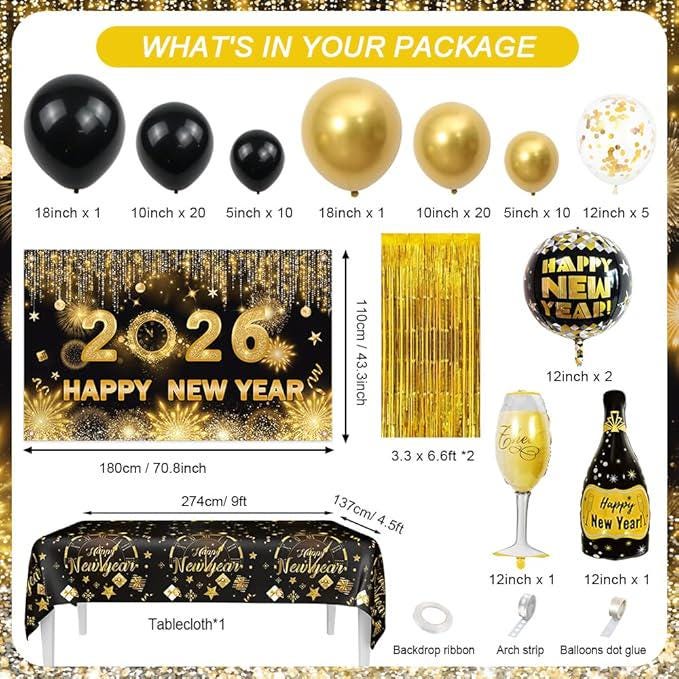 78 Pcs Black Gold New Year 2026 Decorations Kit Banner Balloon Arch and Backdrop