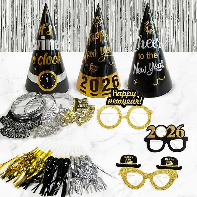 New Year 2026 Party Supplies 50 Pc Decorations Kit Banner Hats Balloons and More