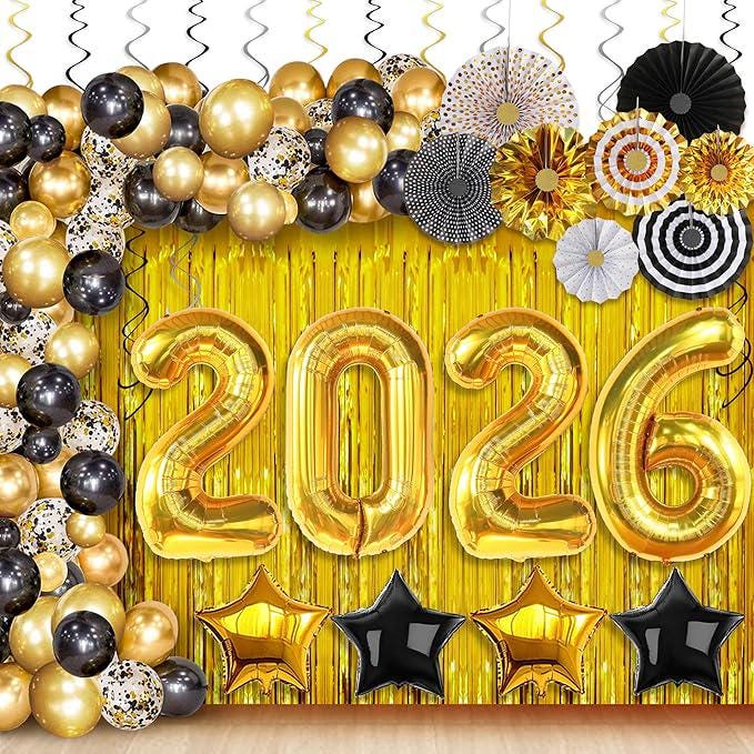 Black Gold New Year 2026 Balloon Arch Kit with Fringe Curtain Party Decor