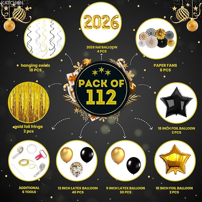 Black Gold New Year 2026 Balloon Arch Kit with Fringe Curtain Party Decor