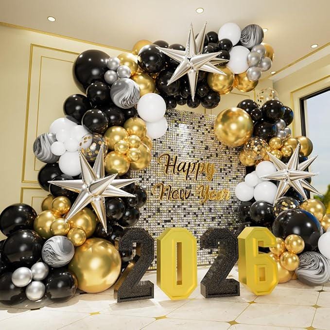 Black Gold New Year 2026 Balloon Garland Arch Kit with Star Balloons Party Decor